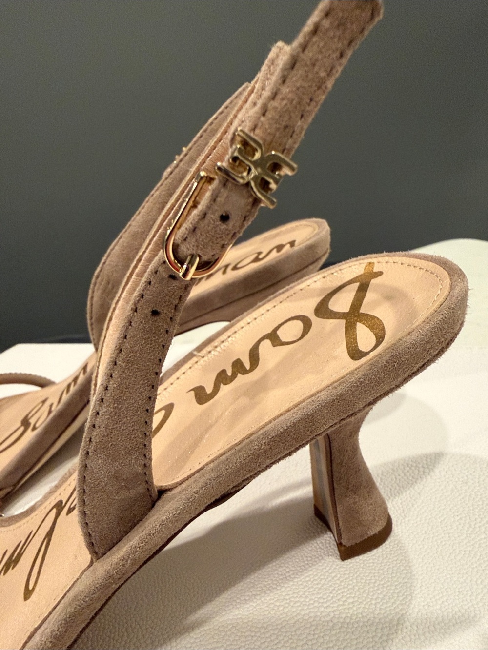 Sam Edelman Taupe Suede Crystal-Trim Slingback Heels. - Picture 4 of 5